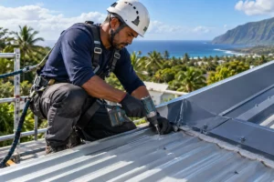 Couvreur réparant une toiture métallique à La Réunion