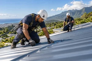 Couvreurs sur toiture métallique à La Réunion