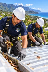 Couvreurs nettoyant et inspectant une toiture en tôle à La Réunion