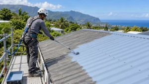 Couvreur appliquant une peinture de protection sur une toiture en tôle à La Réunion