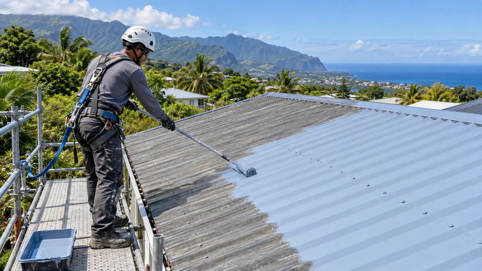 Couvreur appliquant une peinture de protection sur une toiture en tôle à La Réunion