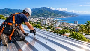 Couvreur intervenant sur une toiture métallique à Saint-Denis, La Réunion, avec vue sur la ville et les montagnes.