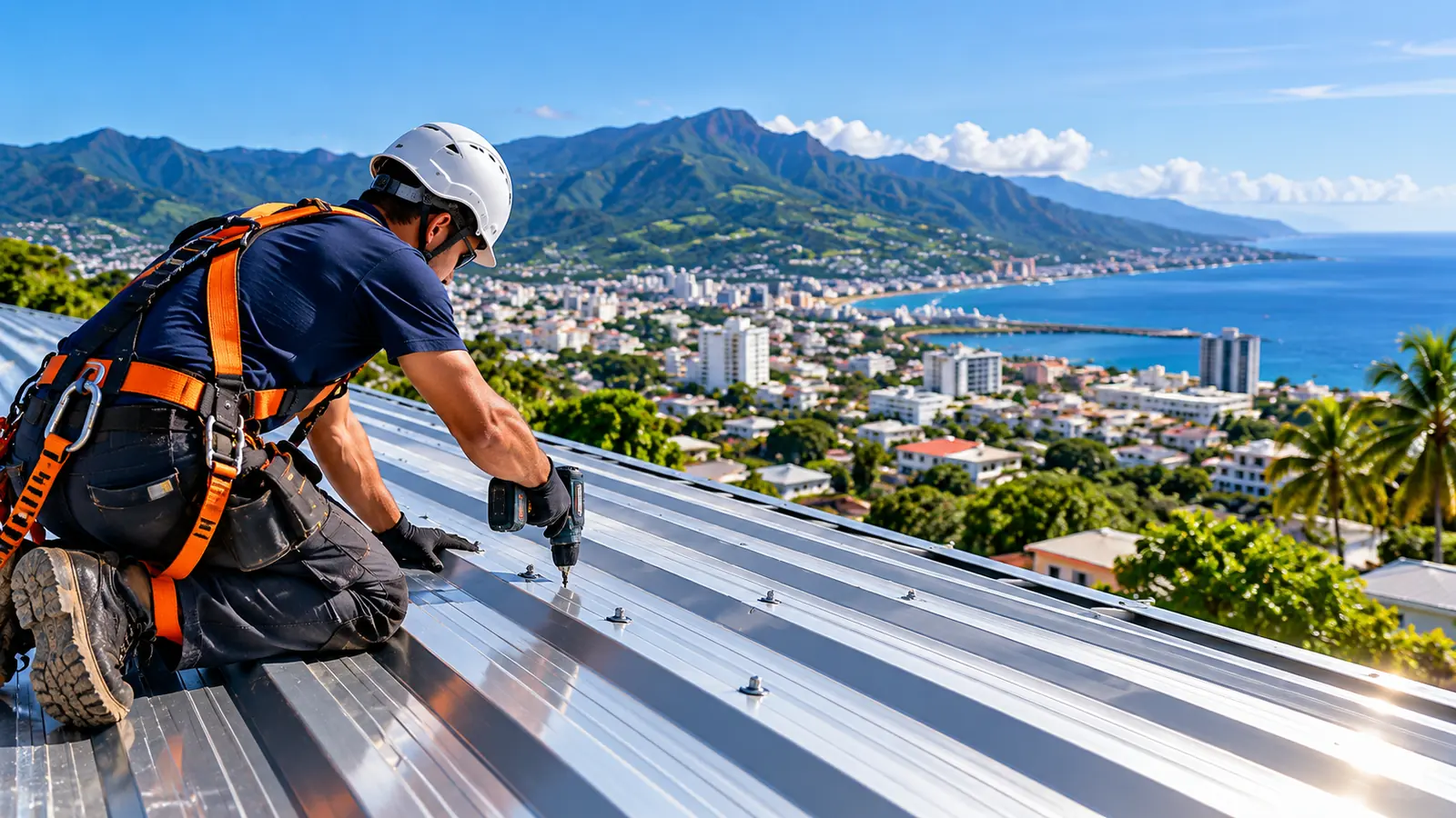 Couvreur fixant une toiture en tôle à La Réunion