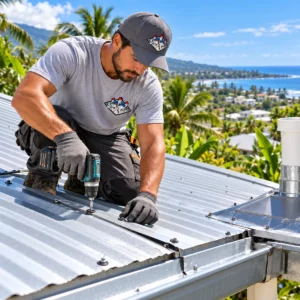 Couvreur fixant une toiture métallique à La Réunion