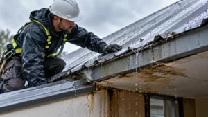 Couvreur inspectant une toiture métallique sous la pluie pour localiser une fuite et vérifier les zones d’infiltration.