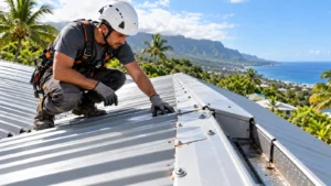 Couvreur inspectant une toiture métallique à Sainte-Clotilde, La Réunion, pour contrôler les fixations, raccords et zones susceptibles de provoquer une fuite.