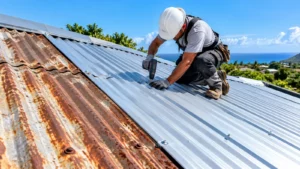 Couvreur remplaçant des tôles rouillées sur une toiture à La Réunion