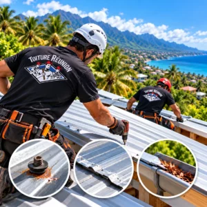 Deux couvreurs Toiture Réunion interviennent sur une toiture métallique à Sainte-Marie, avec contrôle des fixations, recouvrements et gouttières.